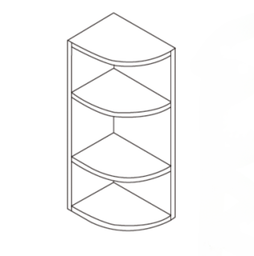 Three-tier corner shelf unit with curved front edges.